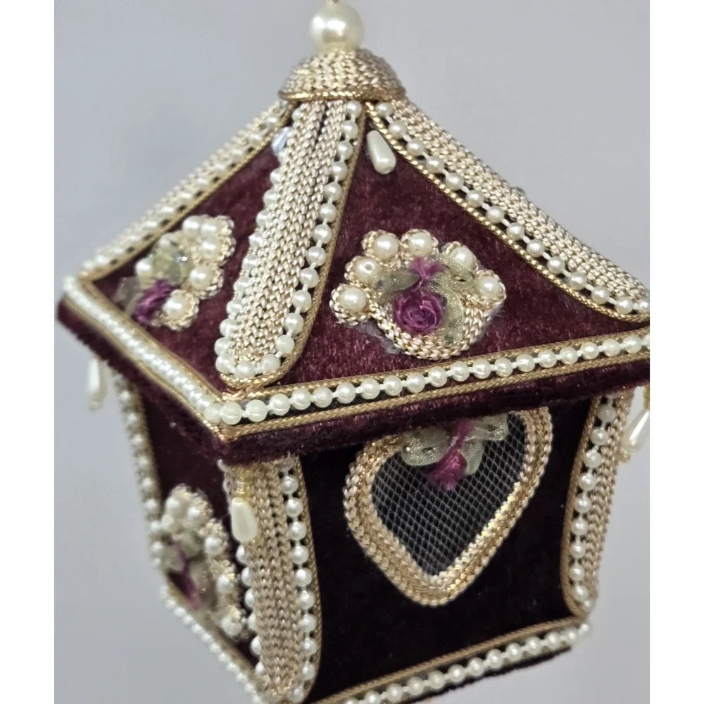 Vintage Handmade Beaded Pagoda Christmas Ornament Pearl Velvet Victorian Style